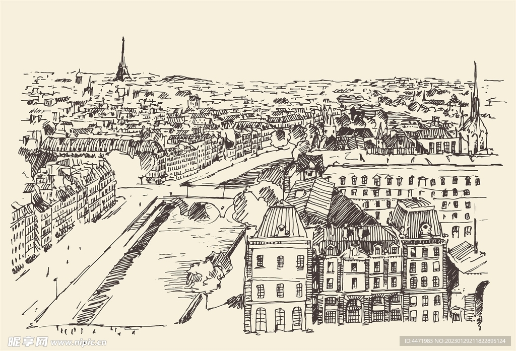欧洲城市线描插画 