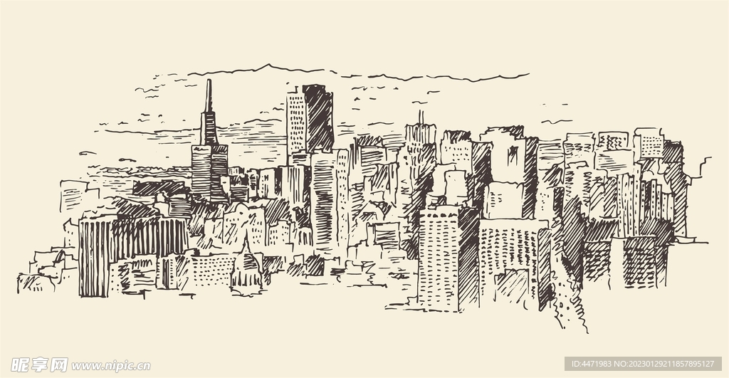 城市线描插画