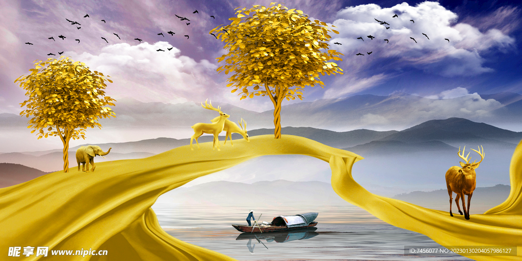 湖畔发财树水墨风景画三联画