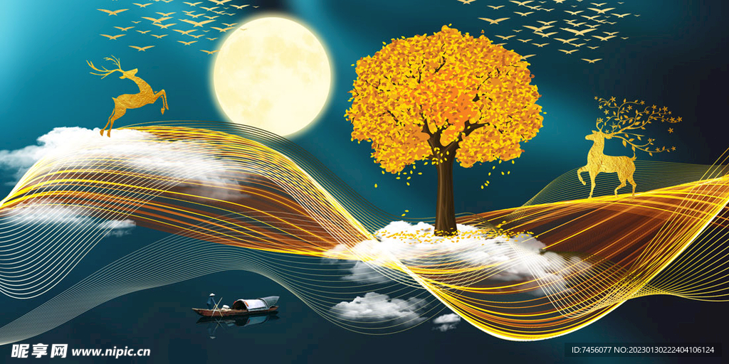 发财树麋鹿高清艺术三联挂画