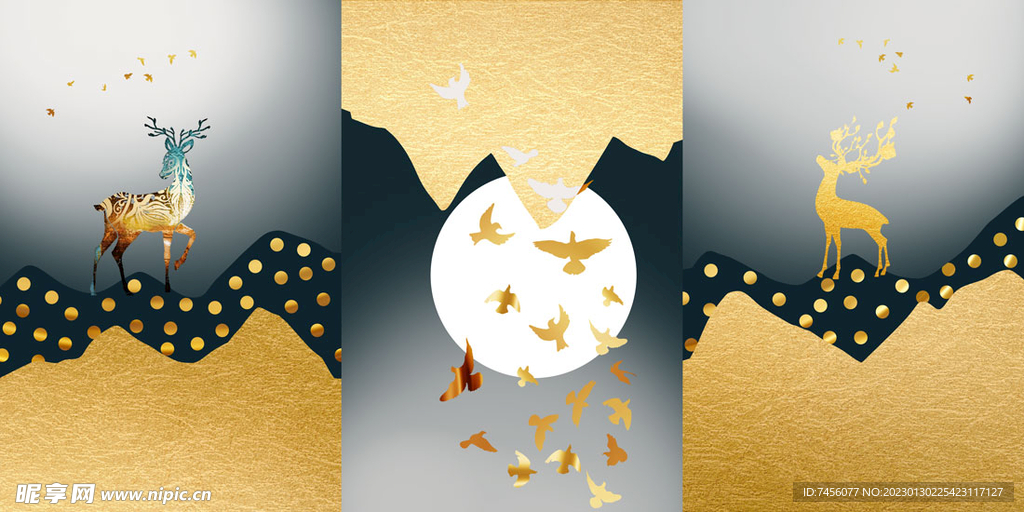山水麋鹿飞鸟风景画三联挂画