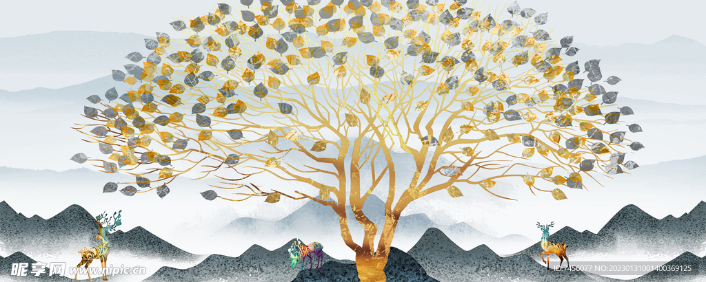 麋鹿发财树水墨风景画挂画装饰画