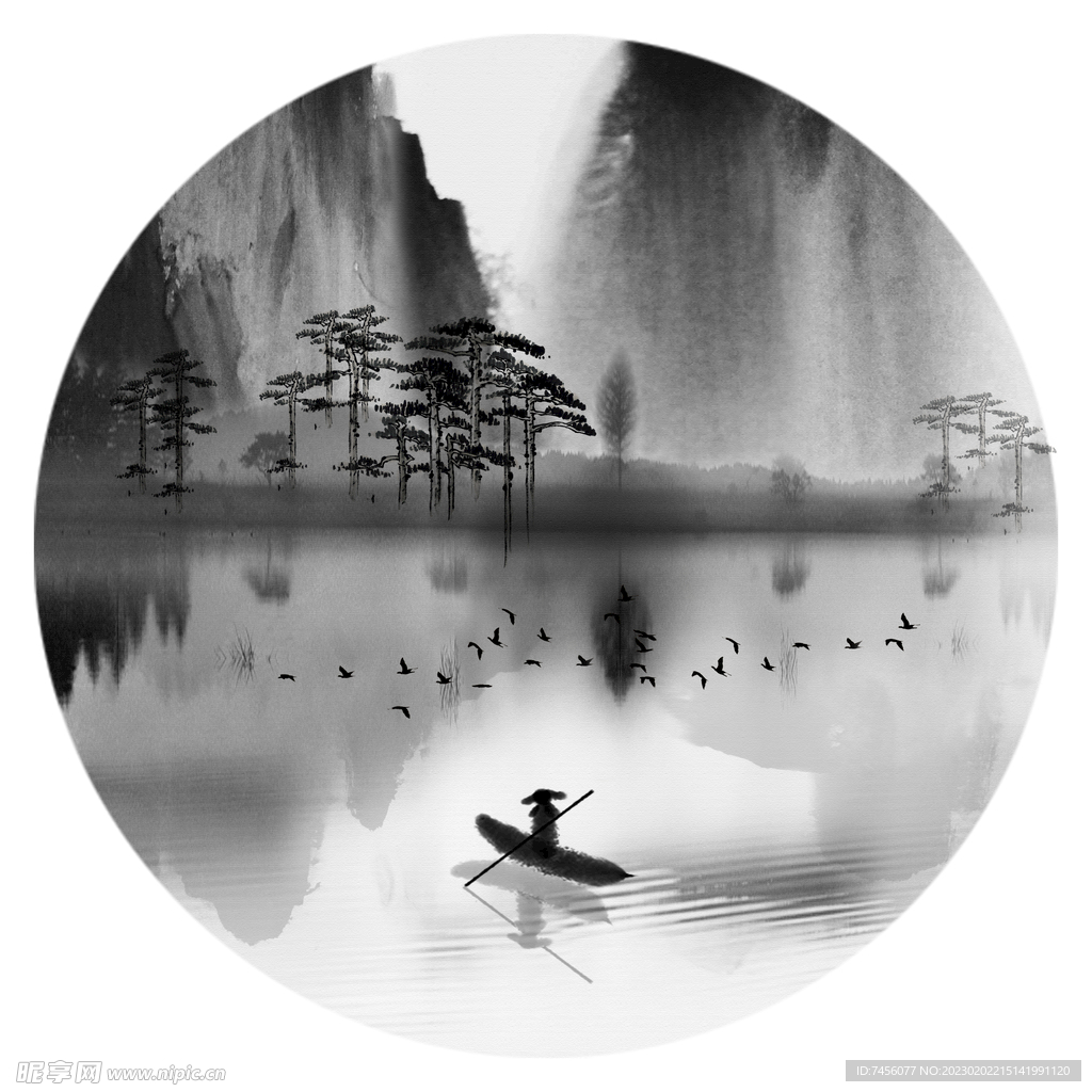 水墨湖畔风景画圆形挂画装饰画