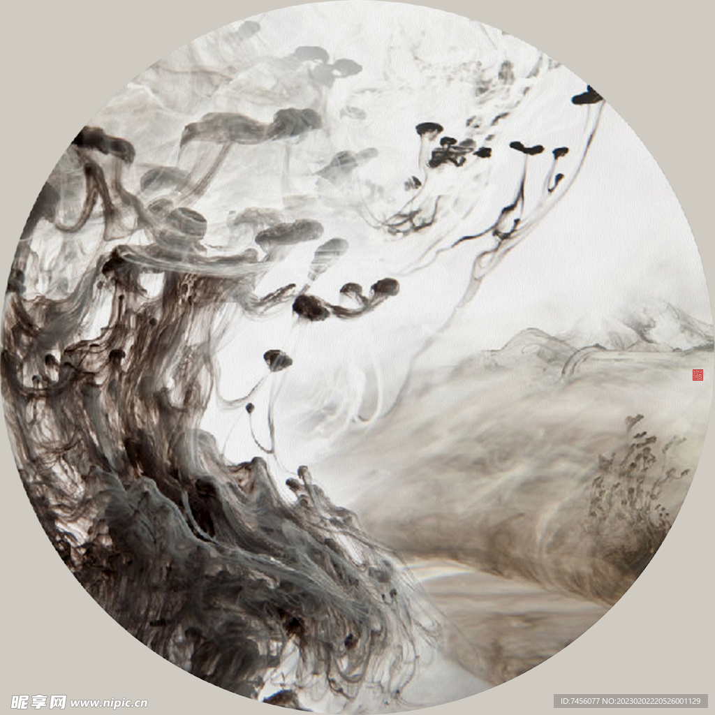 水墨唯美山脉艺术圆挂画装饰画