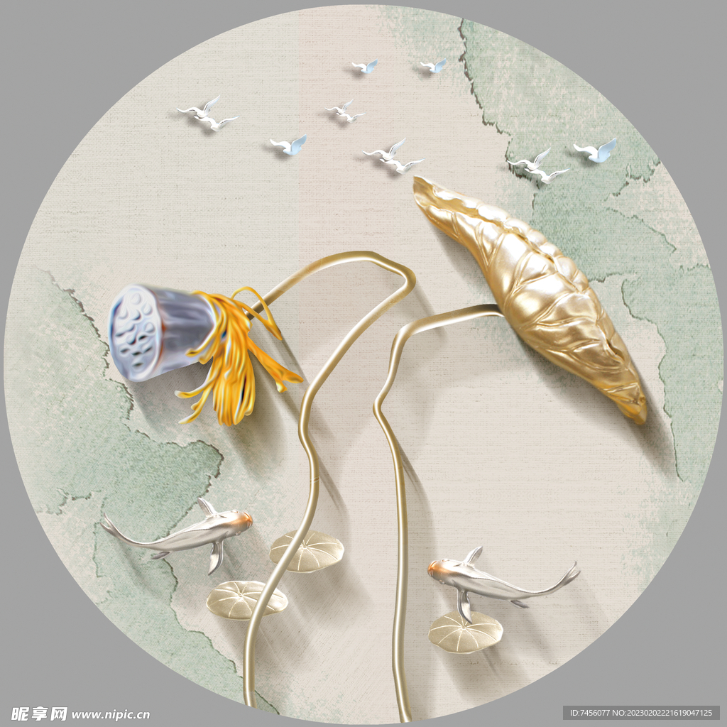 莲花游鱼浮雕立体圆挂画装饰画