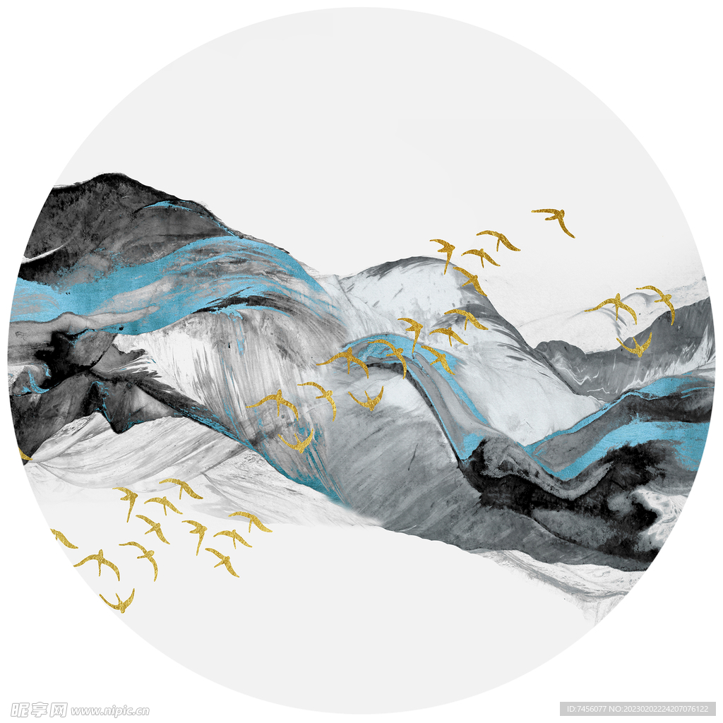 飞鸟水墨山脉圆挂画装饰画