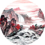 水墨山水瀑布圆形挂画装饰画