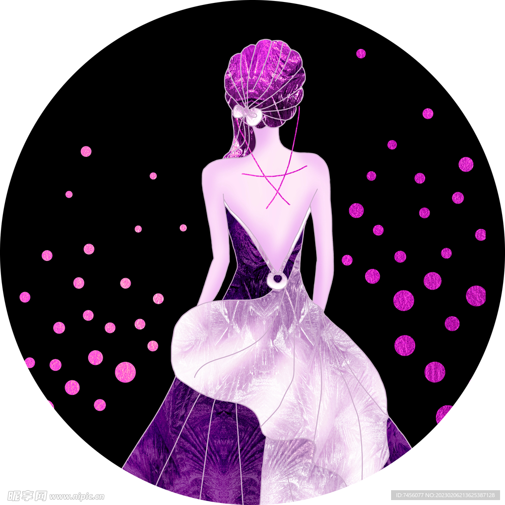 紫色水彩美女艺术圆形挂画装饰画