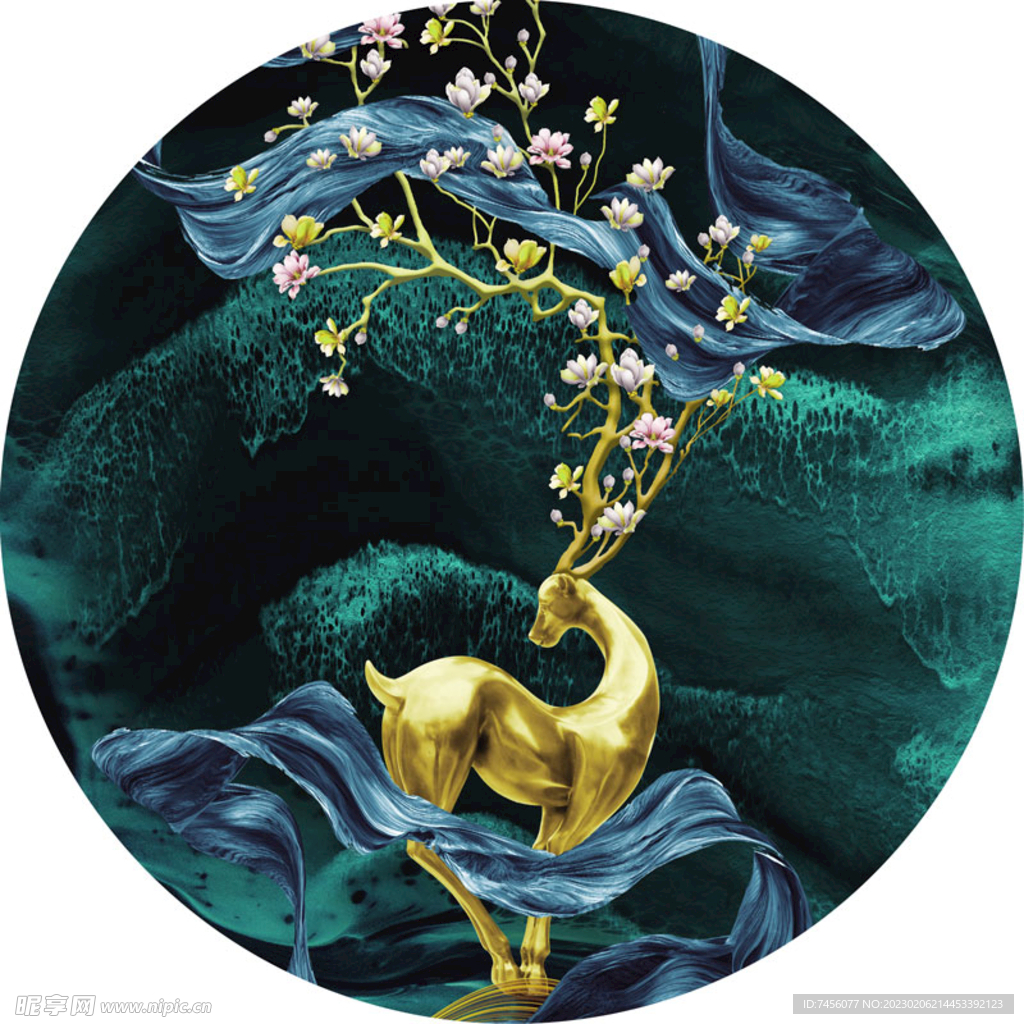 金属麋鹿绸布圆形挂画装饰画