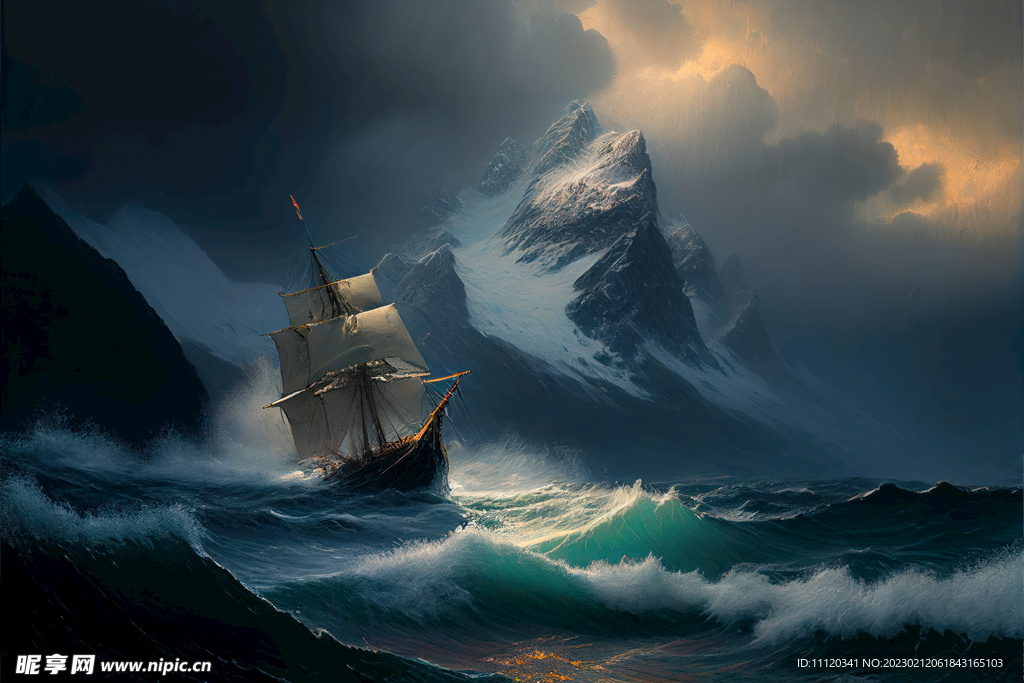 波涛汹涌大海上的帆船绘画