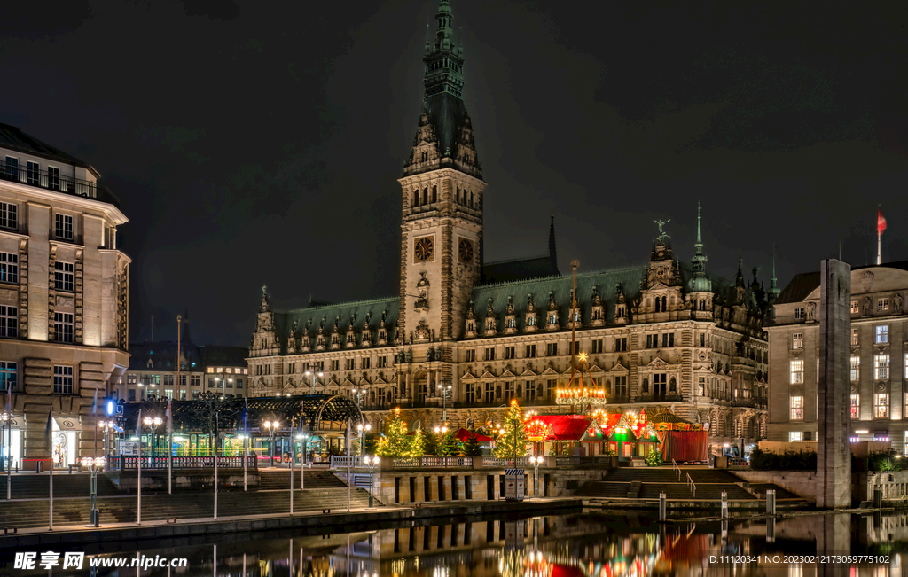 德国汉堡市政厅等建筑夜景