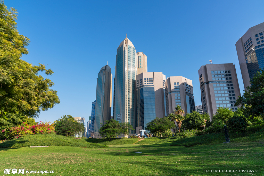 草地与城市建筑物风光