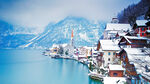 冬季湖边旅游小镇雪后美景