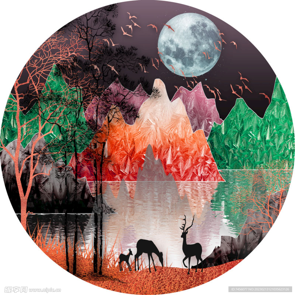 湖畔麋鹿唯美圆形挂画装饰画