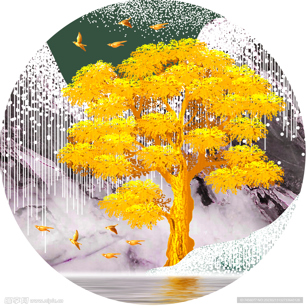 发财树湖畔圆形挂画装饰画