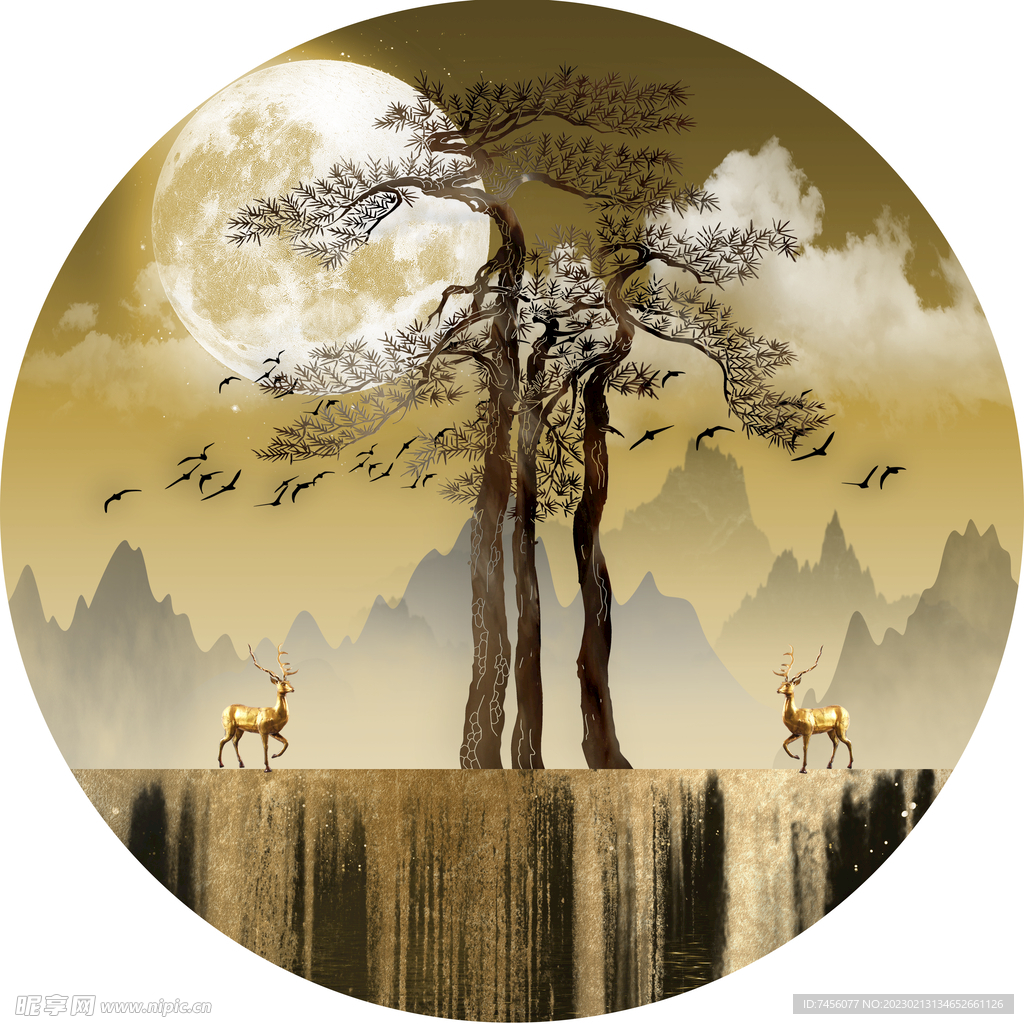 大树麋鹿水彩圆形挂画装饰画