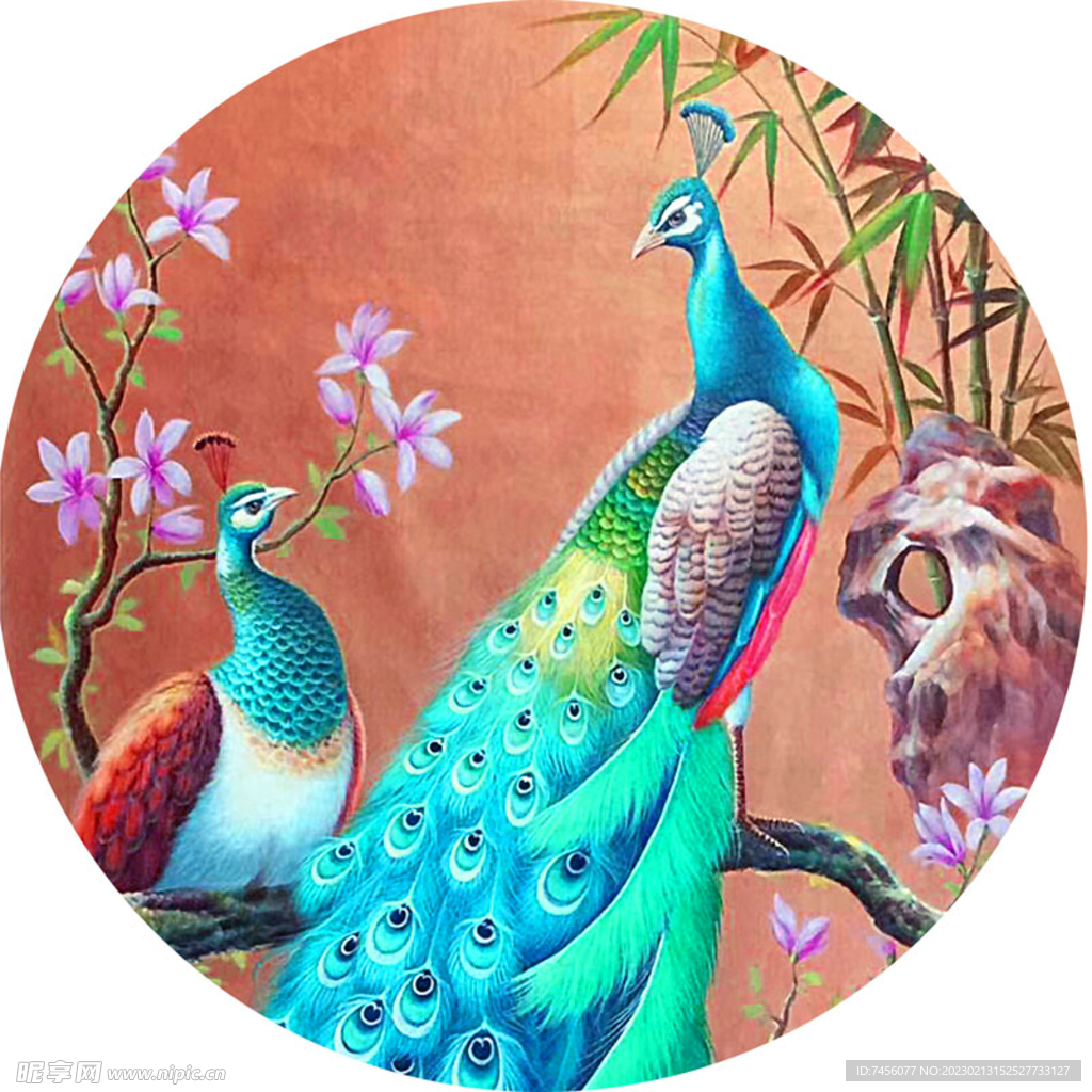 水墨水彩孔雀圆形挂画装饰画
