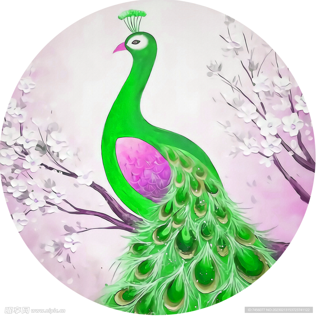 孔雀花枝水彩圆形挂画