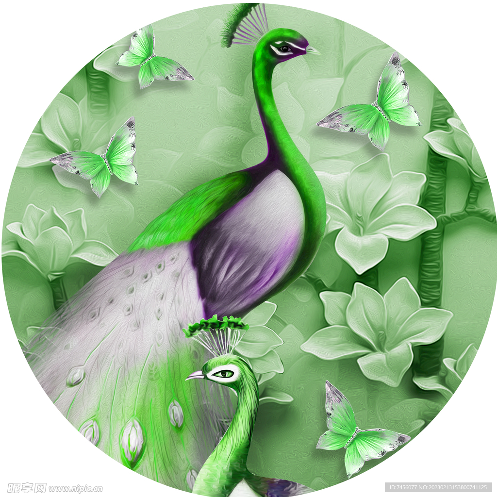蝴蝶孔雀花卉圆形挂画