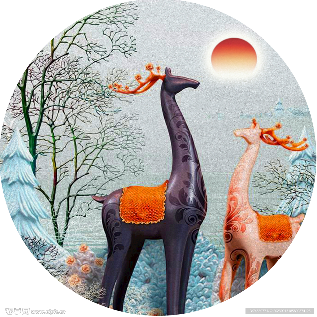 长颈鹿树林圆形挂画装饰画