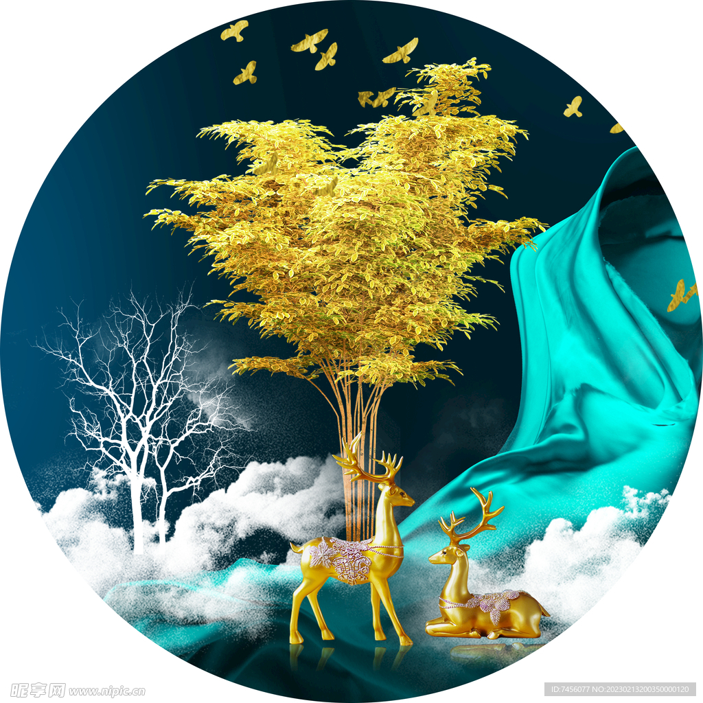 金色麋鹿发财树圆形挂画装饰画