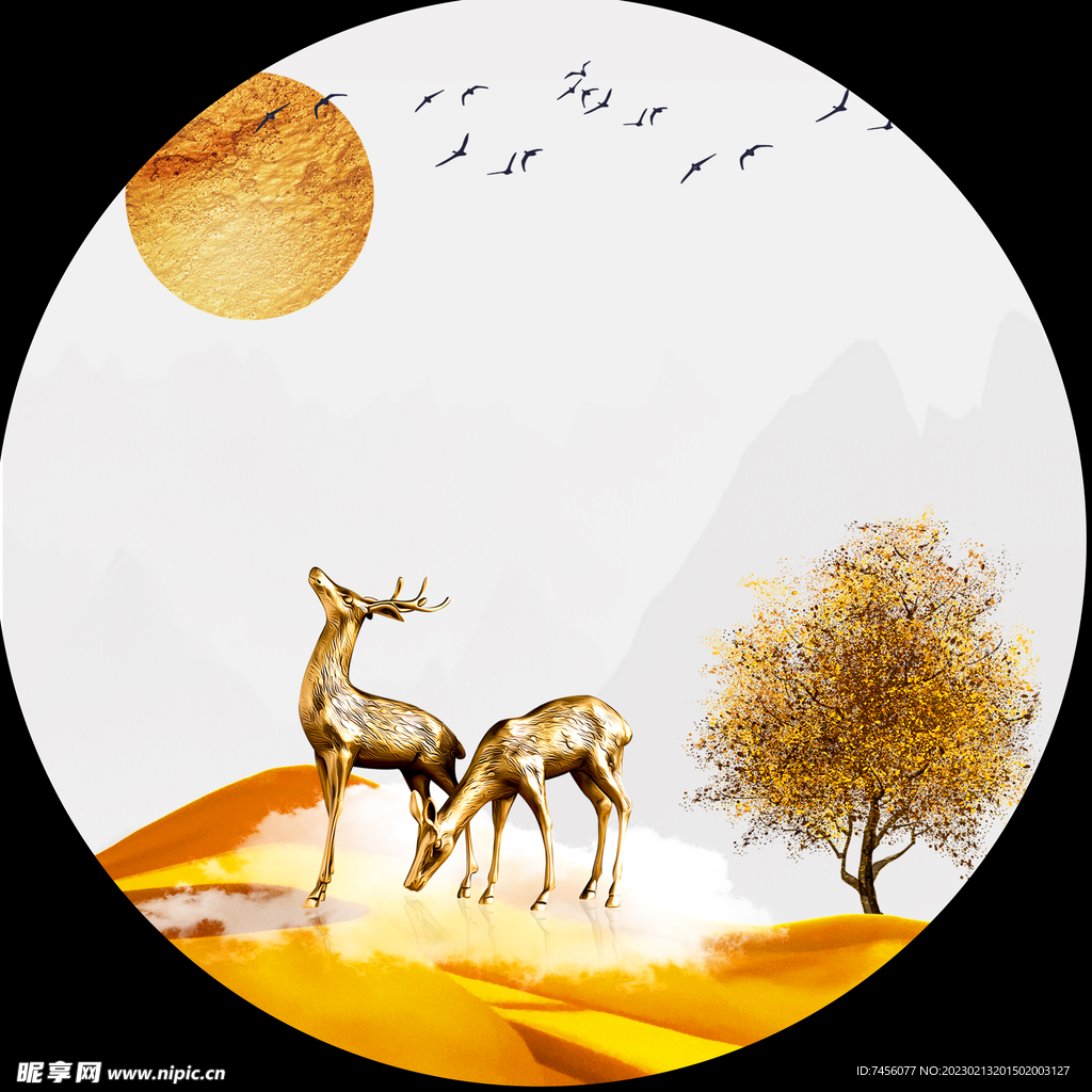 金色麋鹿发财树圆形挂画装饰画