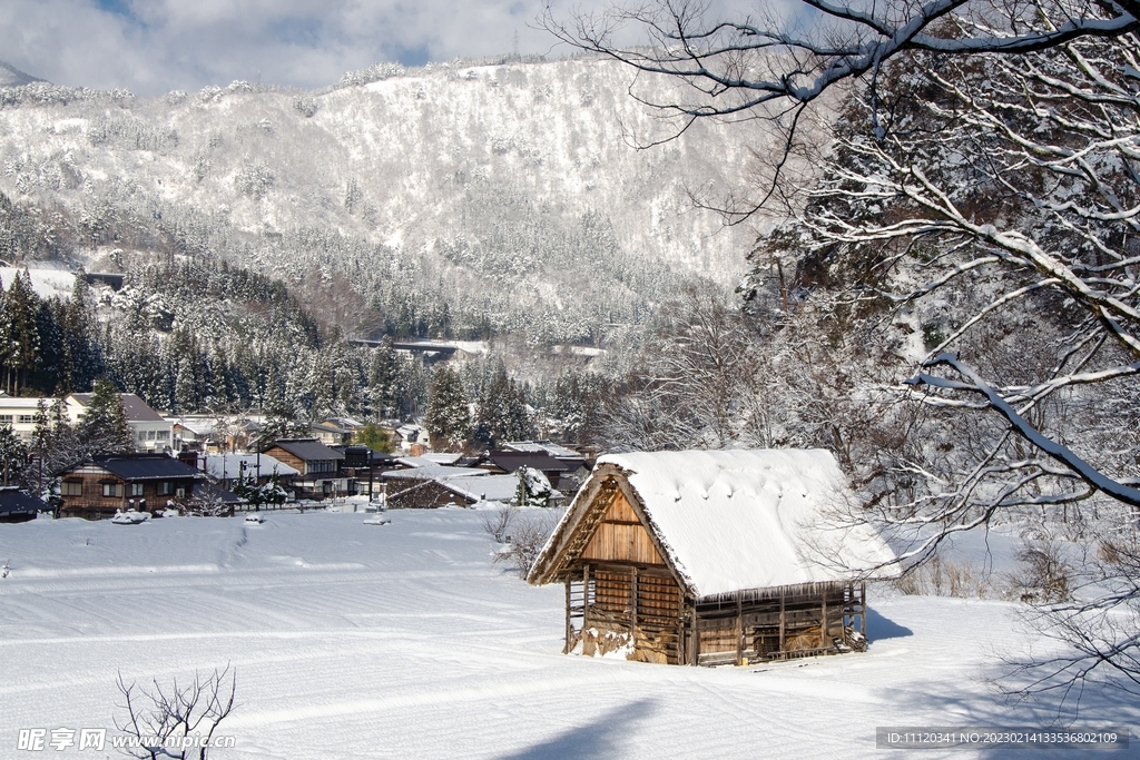 山脚下村庄房屋白茫茫雪景