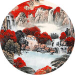 流水瀑布中式圆形挂画装饰画