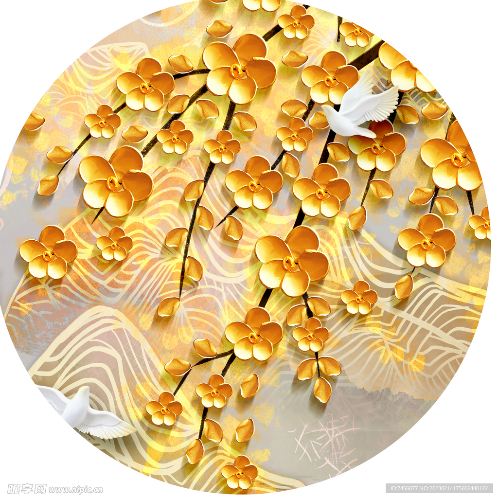 飞鸟水彩花卉圆形挂画装饰画