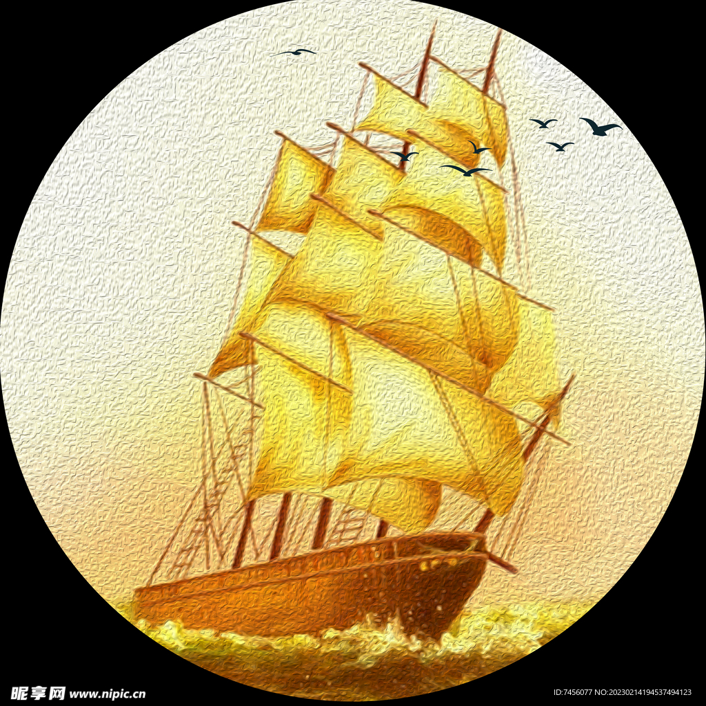 金色帆船高清圆形挂画装饰画