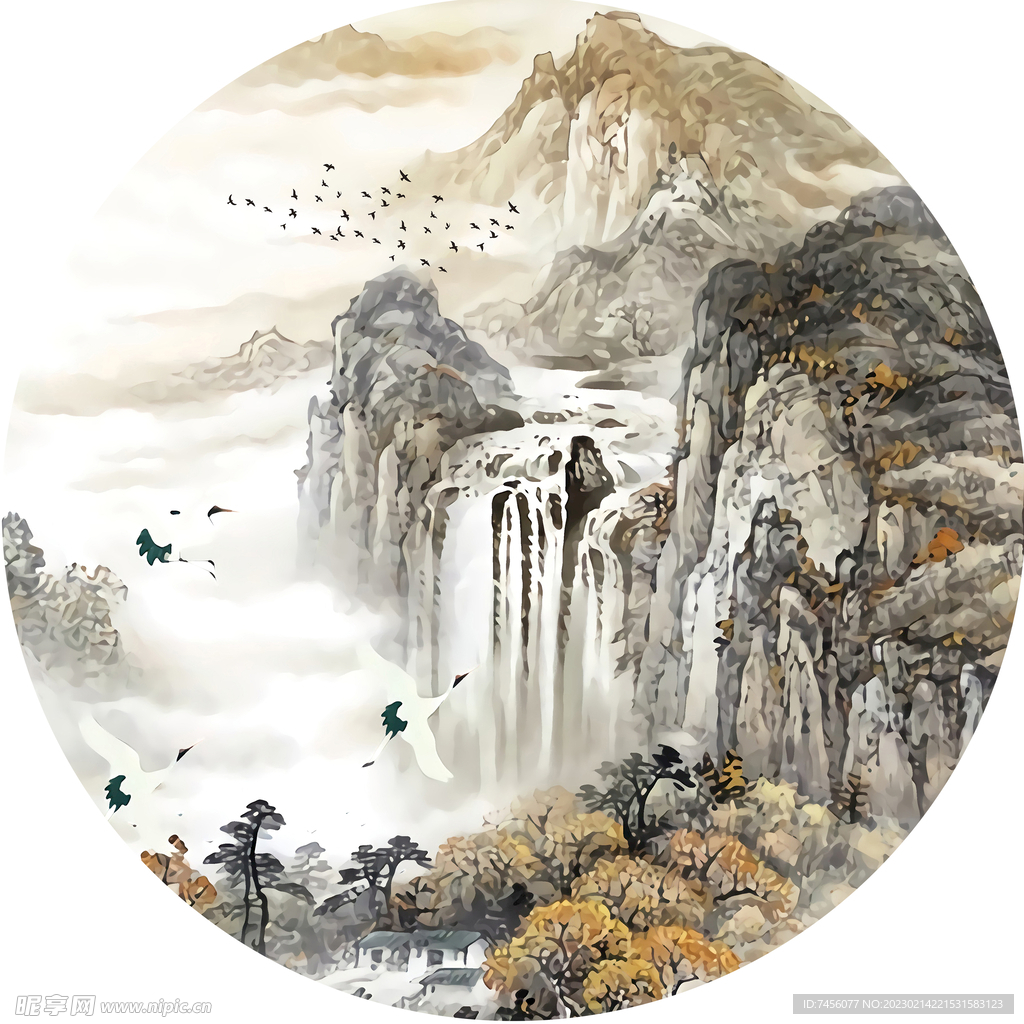 水墨山脉圆形挂画装饰画