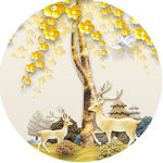 发财树麋鹿中式圆形挂画装饰画