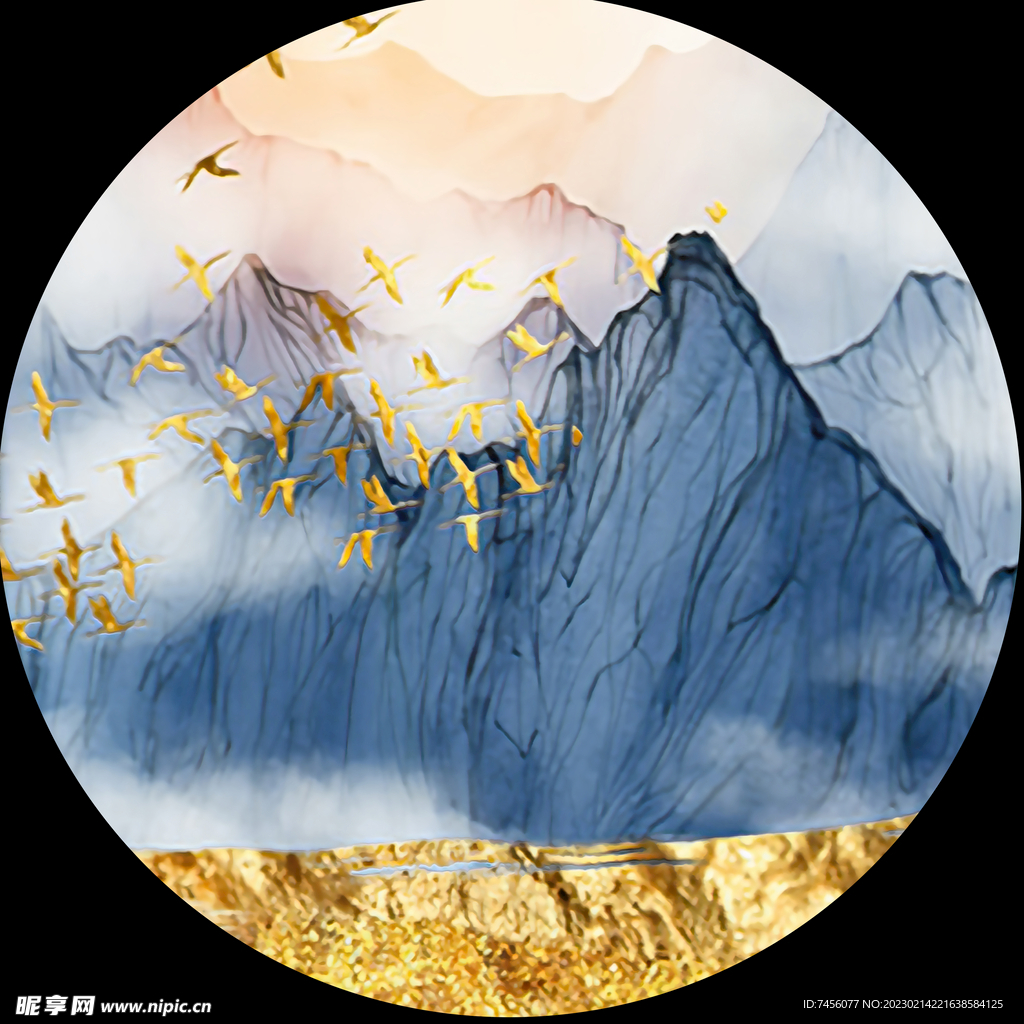 飞鸟山峦圆形挂画装饰画