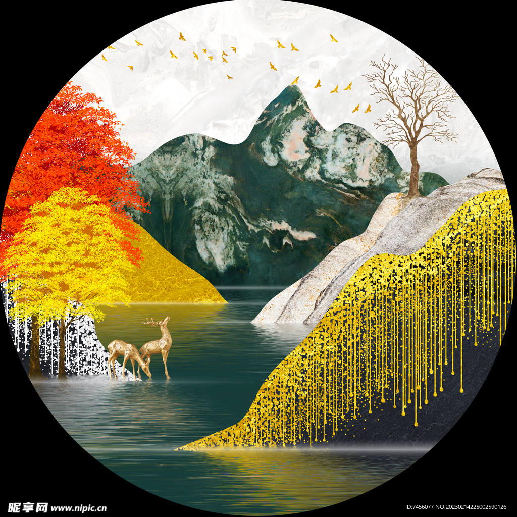 湖畔麋鹿山脉圆形挂画