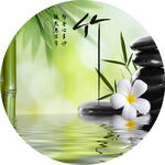 竹子鹅卵石湖畔圆形挂画装饰画