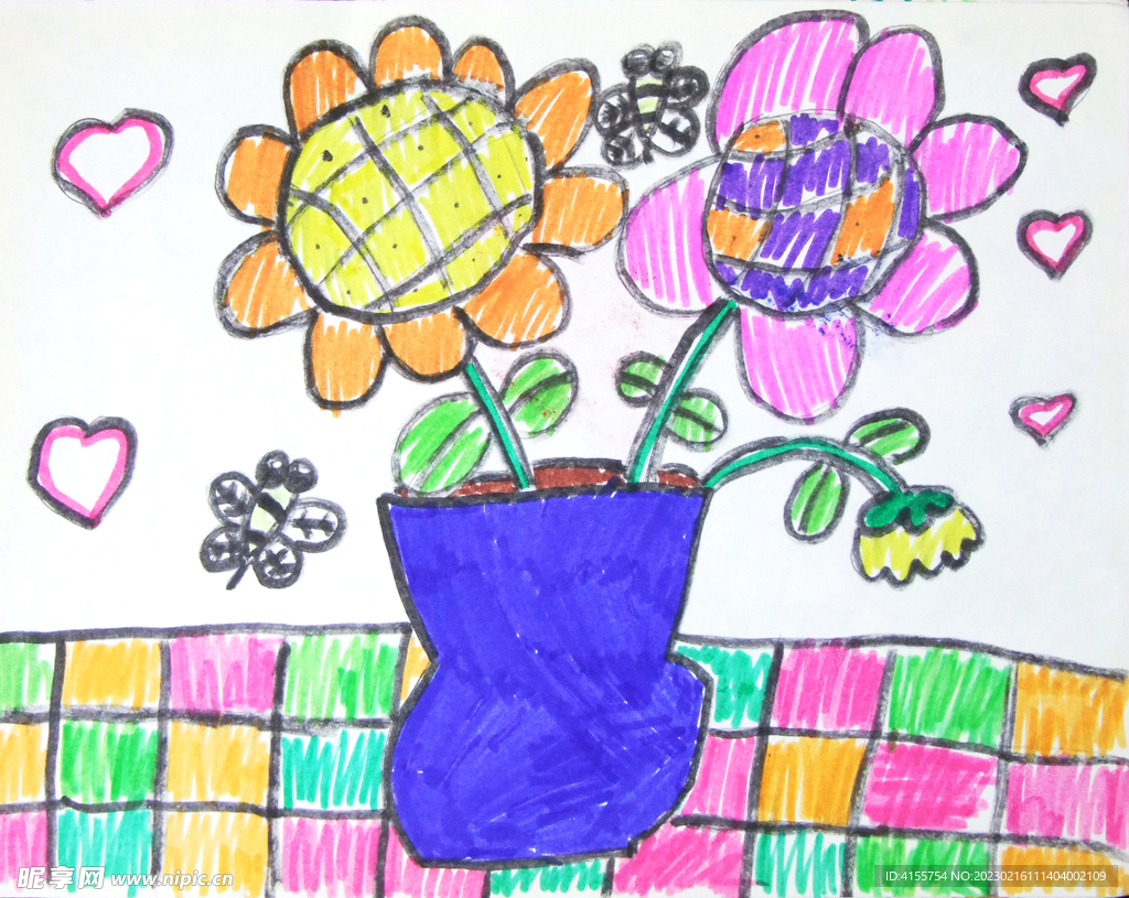 花瓶儿童画水彩画