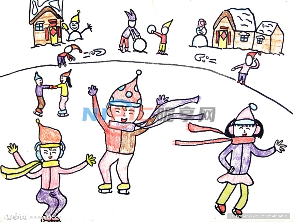 滑雪儿童手绘画