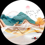 湖畔麋鹿水彩圆形挂画装饰画