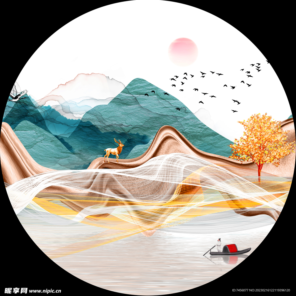 湖畔麋鹿水彩圆形挂画装饰画
