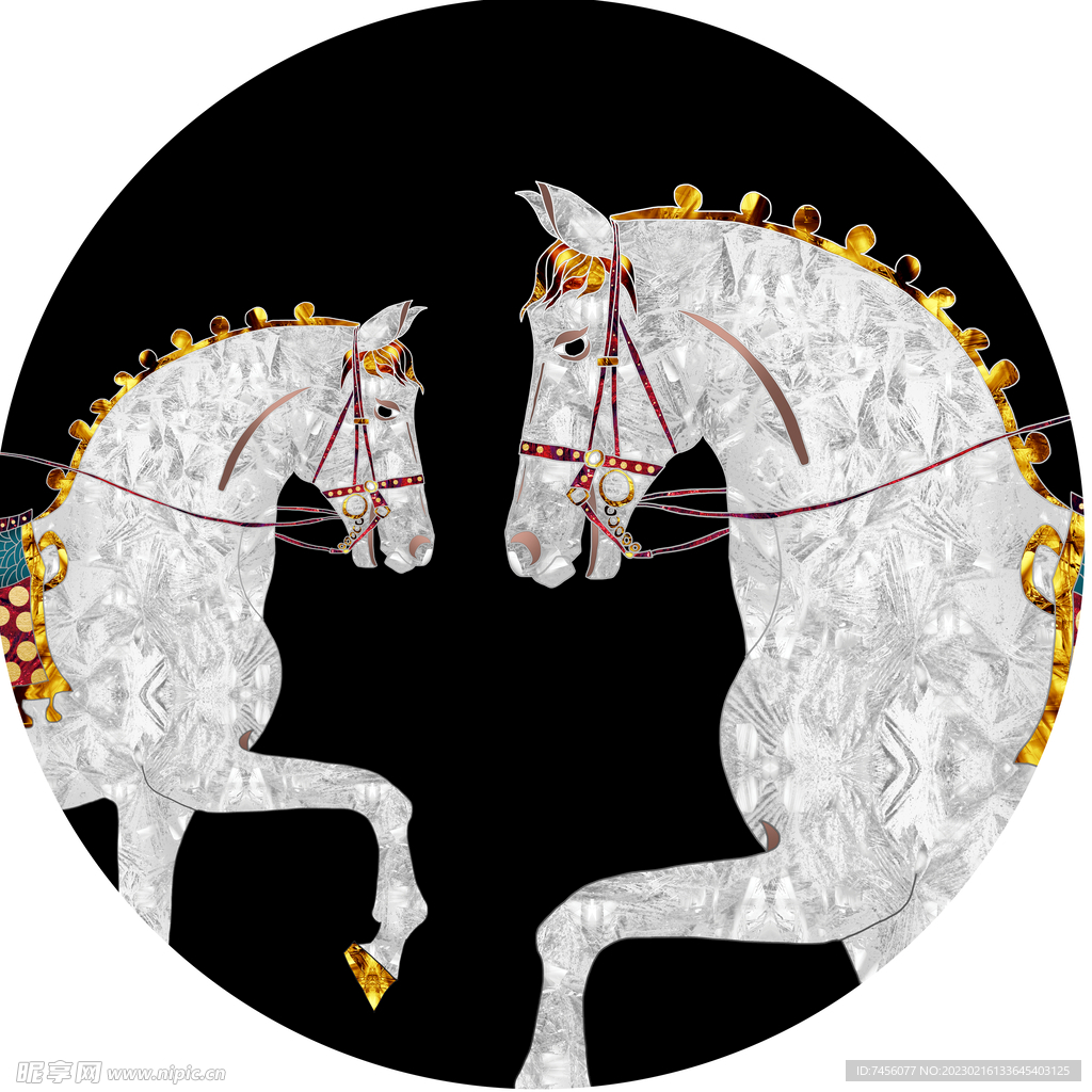 白色水彩骏马圆形挂画装饰画