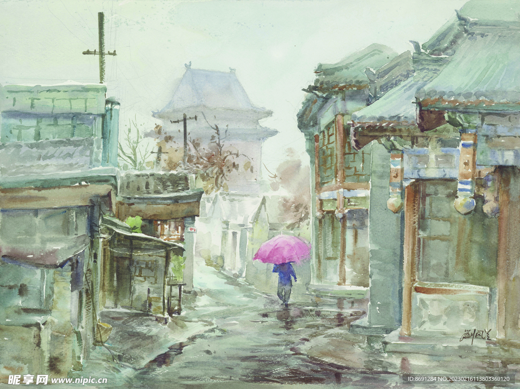 水彩画雨雾斜街