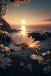美丽的风景海滩边的黄昏小雏菊