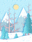 圆月下的树林雪景冬季背景