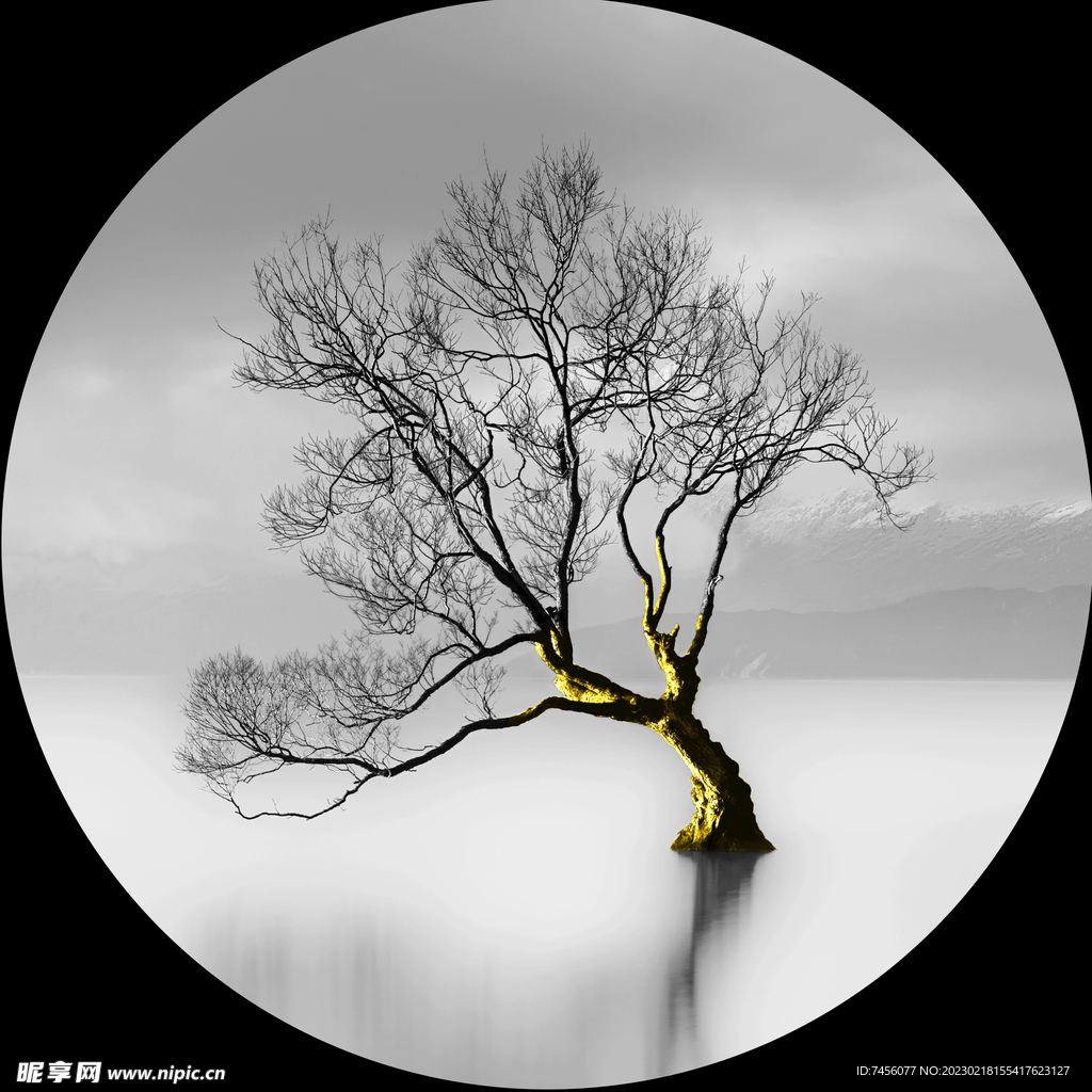 湖泊简约树圆形挂画装饰画