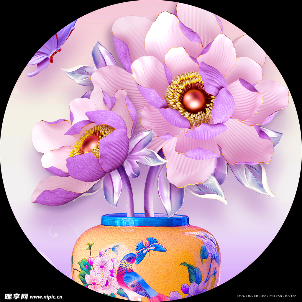 花瓶唯美圆形挂画装饰画