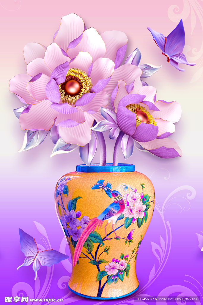 蝶恋花粉色花瓶艺术挂画装饰画
