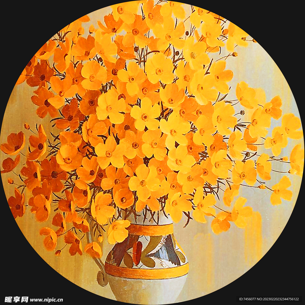 小黄花花瓶圆形挂画装饰画