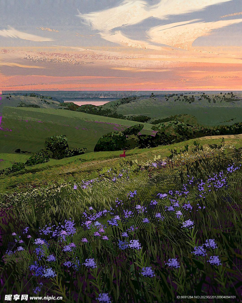 山坡花草插画