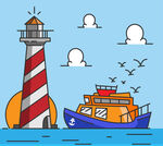 彩绘海上灯塔和船舶矢量素材