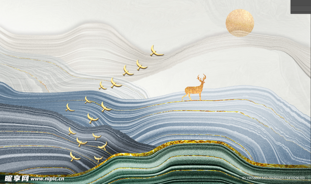 现代中式意境抽象风景麋鹿装饰画